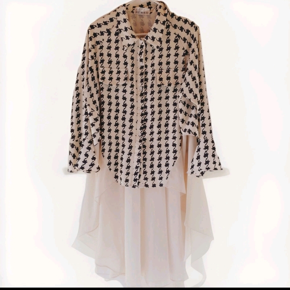 Kate Hewko Layered Houndstooth Bell Sleeve Tunic Blouse Art To Wear 2X - Picture 1 of 9